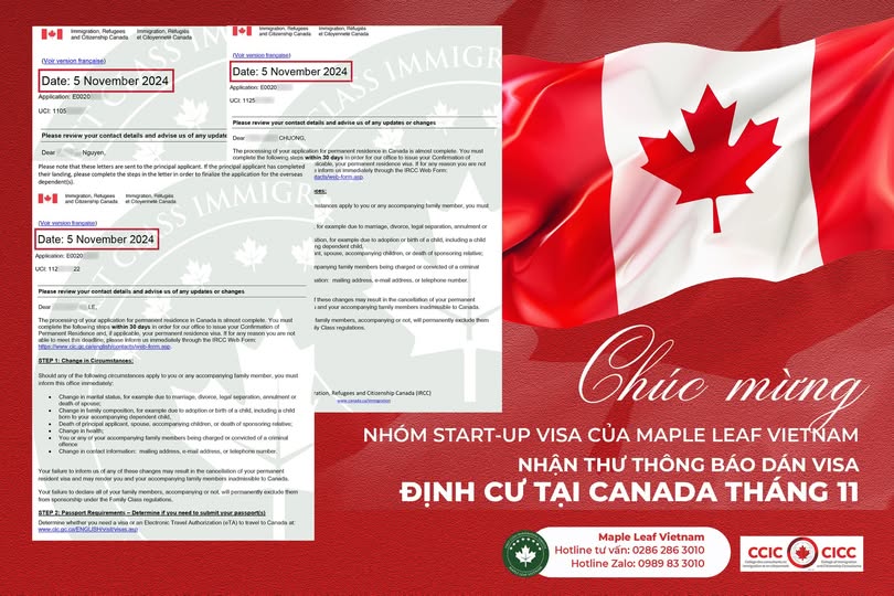 Xin chúc mừng dự án start-up visa d.n cùng Maple Leaf Việt Nam nhận thông báo dán visa định cư canada