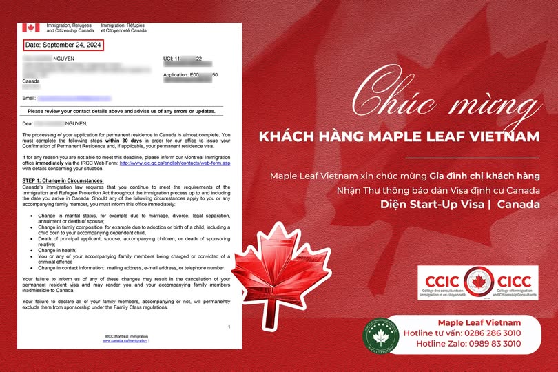 Chúc mừng khách hàng nhận visa định cư canada diện start-up visa cùng Maple Leaf Việt Nam