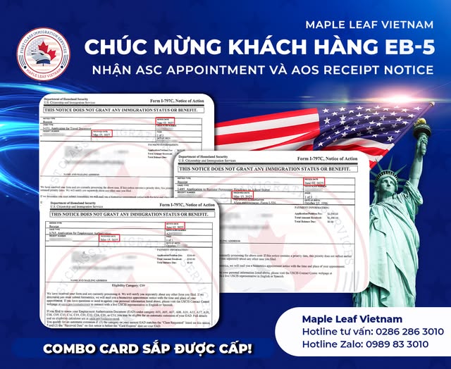 Khách hàng EB-5 nhận ASC appointment và AOS receipt - Maple Leaf Việt Nam