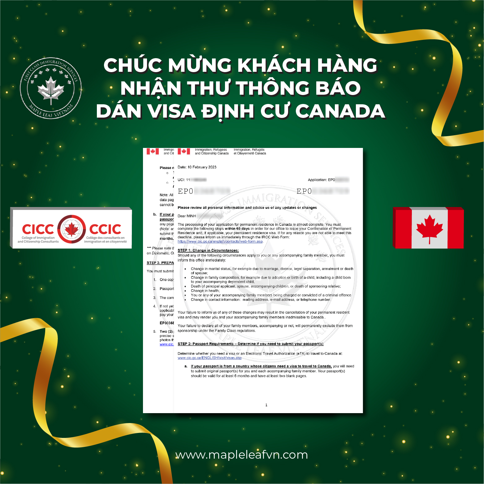 Maple Leaf Việt Nam chúc mừng khách hàng nhận thông báo dán visa định cư Canada