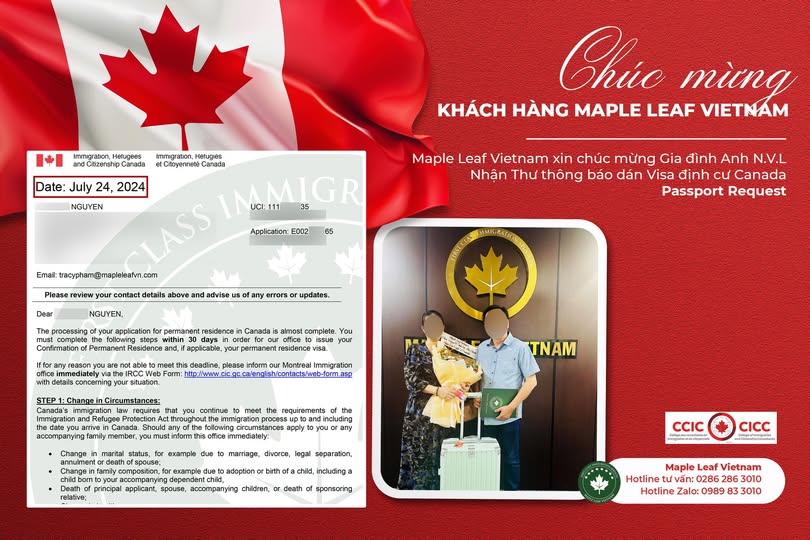 Maple Leaf Việt Nam chúc mừng khách hàng nhận thông báo dán visa định cư Canada
