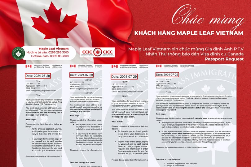 Maple Leaf Việt Nam chúc mừng khách hàng nhận thông báo dán visa định cư Canada