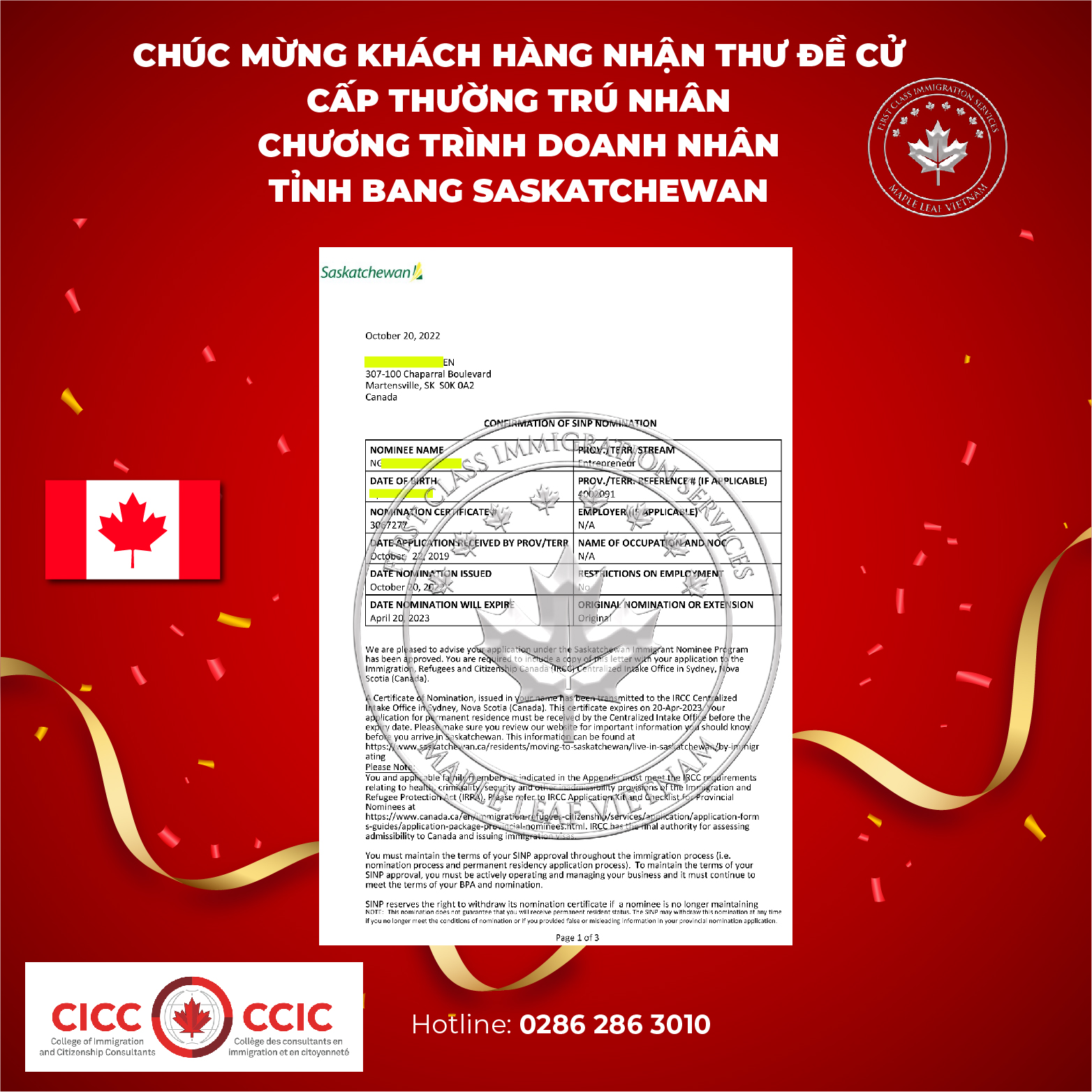 Maple Leaf Việt Nam chúc mừng khách hàng nhận thư đề cử thường trú nhân từ chính quyền tỉnh bang Saskatchewan