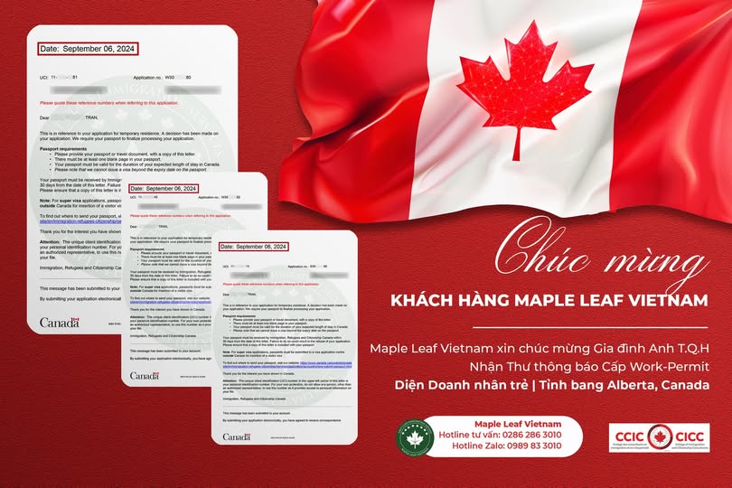Maple Leaf Việt Nam chúc mừng khách hàng nhận Work Permit định cư Canada diện doanh nhân Alberta