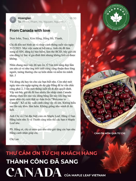 Thư cảm ơn của chị khách hàng Maple Leaf Việt Nam sau khi thành công đến Canada
