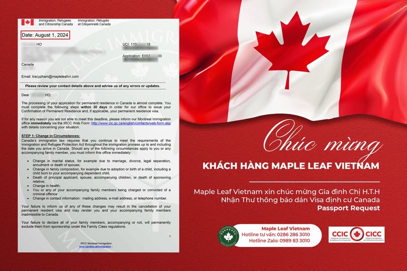Thực hiện hóa ước mơ định cư - gia đình chị h.t.h nhận thư mời dán visa định cư canada qua sự đồng hành cùng Maple Leaf Việt Nam