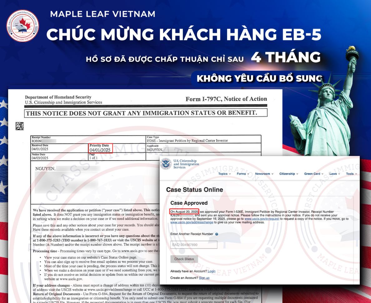 Hồ sơ I-526E Định cư Mỹ EB5 được chấp thuận chỉ sau 4 tháng