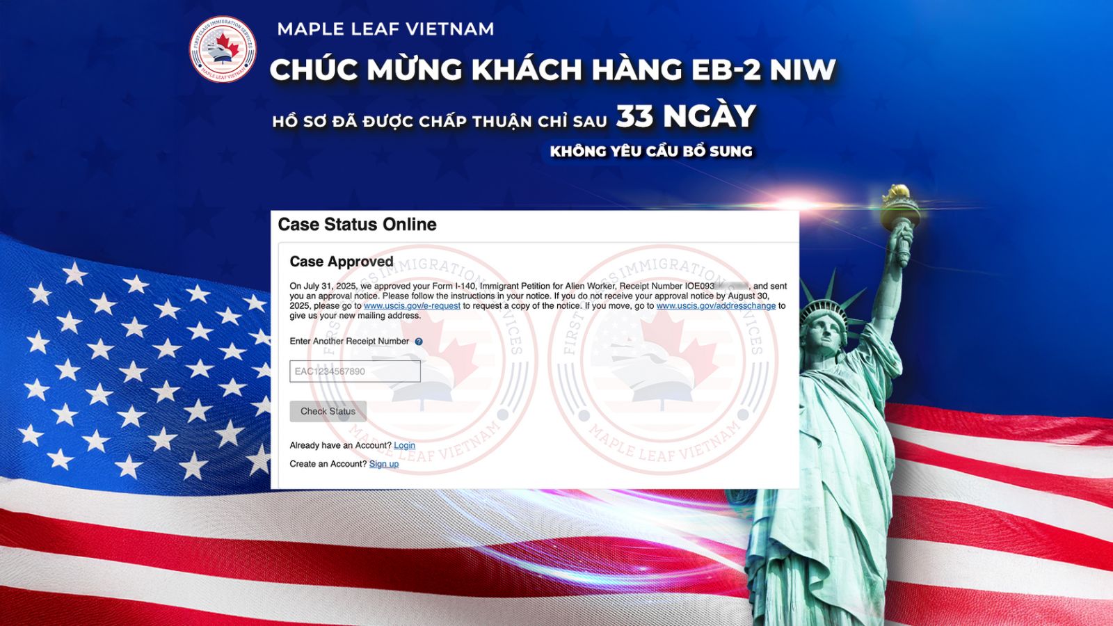 Maple Leaf Việt Nam chúc mừng khách hàng chấp thuận hồ sơ EB-2 NIW