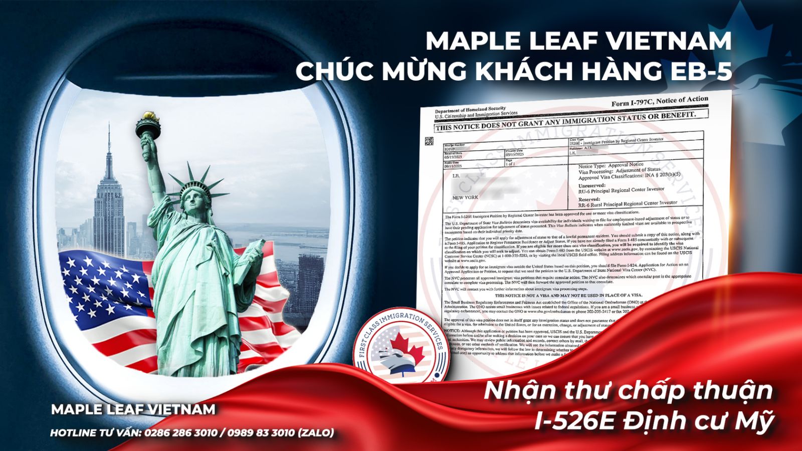 Hồ sơ EB-5 Khách hàng Maple Leaf Vietnam được chấp thuận I-526E