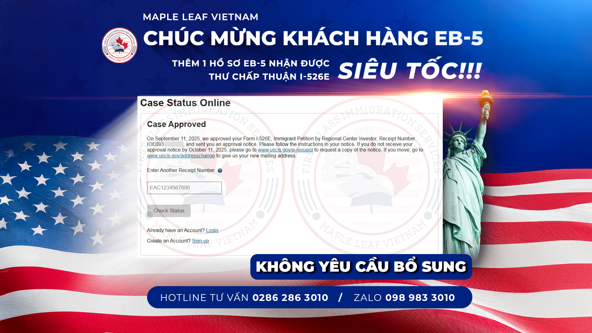 Maple Leaf Việt Nam chúc mừng khách hàng eb-5 nhận thư chấp thuận I-526E siêu tốc